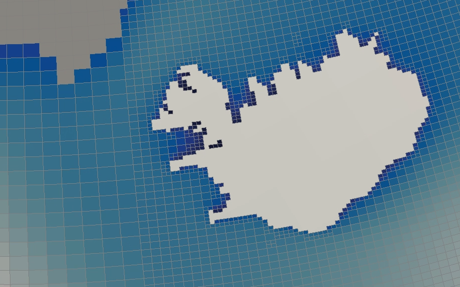 Sample of an SMC mesh, with decreasing quad sizes at the coastlines.